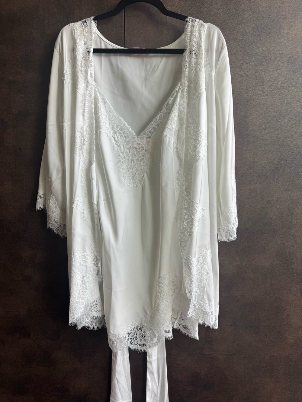 Homebodii Women's Lace-Trim Satin Slip Nightgown and Robe Set in Cream - Picture 3 of 5